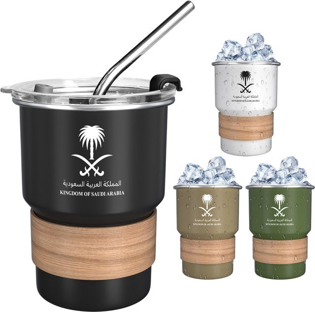 Edelstahl Becher mit Saudi-Arabien Emblem und Deckel sowie Strohhalm, Grün/Schwarz, 500 ml - Bild 1