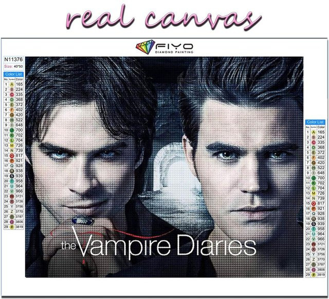FIYO 5D-Diamant-Stickerei The Vampire Diaries Damon Stefan Elena Mosaikkunst mit Quadratbohrern, Mehrfarbig, Breite: 40 cm, Höhe: 50 cm - Bild 1