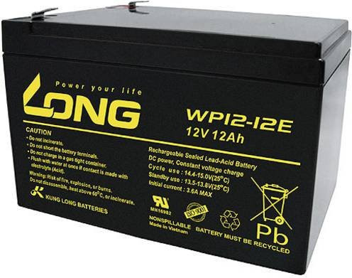 Long WP12-12E Bleiakku 12V 12Ah Blei-Vlies AGM mit Flachstecker 6,35mm, Schwarz, B/H/T: 15,1 x 9,8 x 9,8 cm - Bild 1