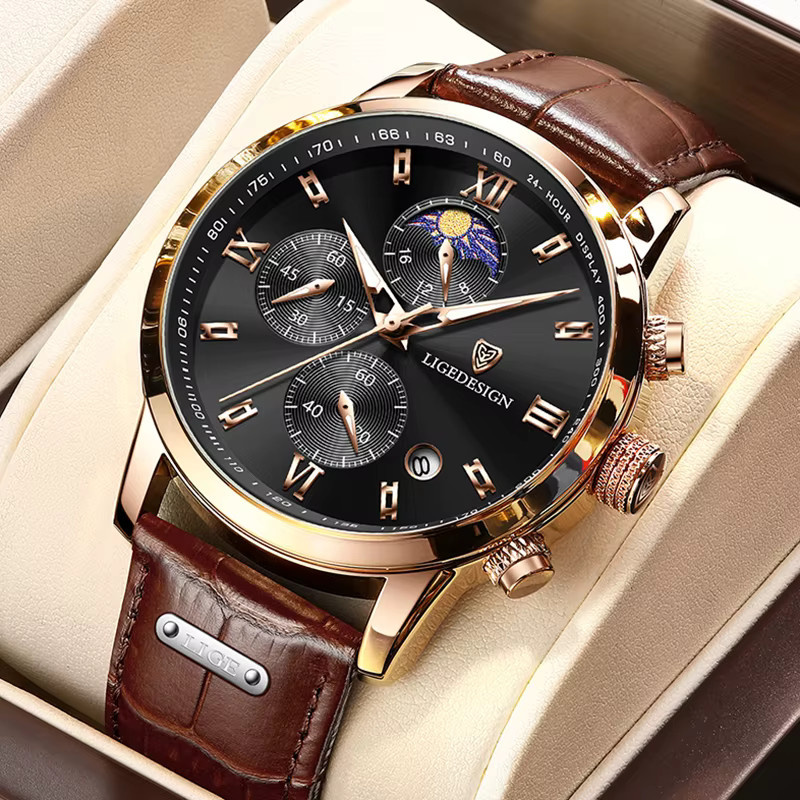 LIGE Armbanduhr Chronograph, Quarz, Leder, Schwarz, Roségold, Herren - Bild 2