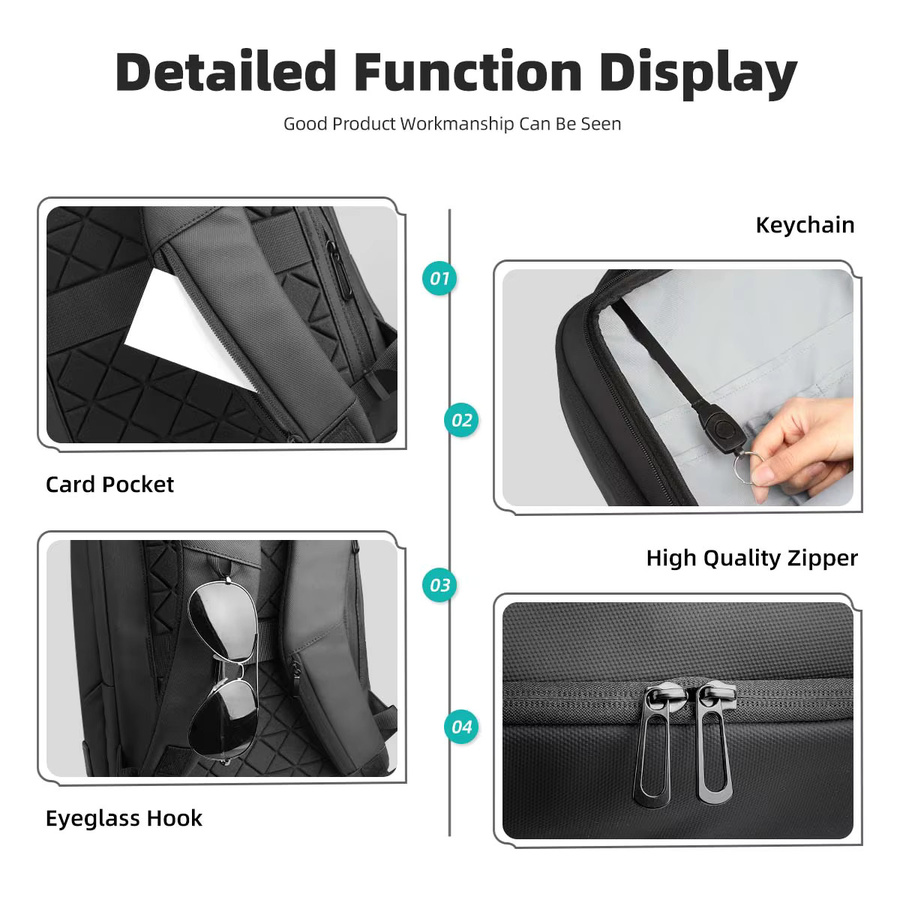 Heroic Knight Multifunktionaler Herren-Rucksack für 15,6-Zoll-Laptops, wasserdicht, große Kapazität mit USB-Anschluss, Schwarz - Bild 6