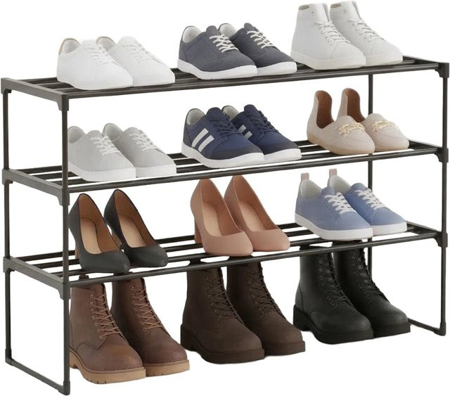Relaxdays Schuhregal aus Metall in Schwarz, stapelbares Stecksystem mit 3 Ebenen, B/T/H: 55 x 30 x 117 cm - Bild 1