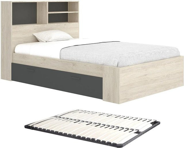 Vente-unique Bettrahmen Vardiel Modern mit Schubladen in Anthrazitgrau und Natur, B/T/H: 120 x 190 x 127,4 cm - Bild 1