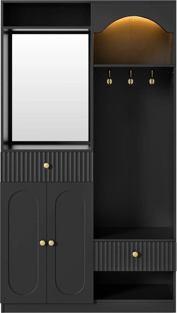 Merax Garderobe mit Sitzbank, Spiegel und LED-Beleuchtung in Schwarz Matt, B/T/H: 100 x 35 x 180 cm - Bild 1