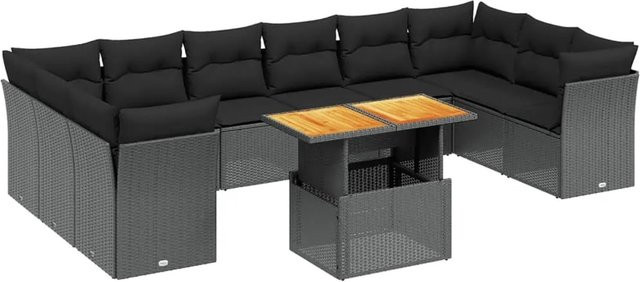 vidaXL 11-teilige Garten-Sofagarnitur in L-Form aus Polyrattan und Akazienholz mit Kissen, Schwarz - Bild 1