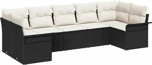 vidaXL Garten-Sofa-Set aus Polyrattan in Schwarz und Beige mit 7-teiliger Polsterung und Kissen für Garten, Balkon oder Terrasse - Bild 1