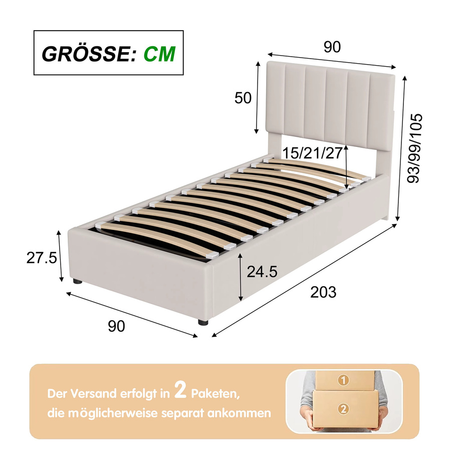 Rosahqnda Polsterbett Beige mit Stauraum und Lattenrost, Einzelbett B/T/H: 90 x 200 cm - Bild 2