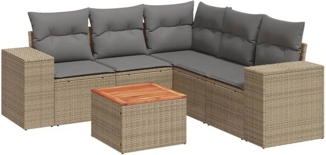 vidaXL 6-teilige Garten-Sofagarnitur in L-Form aus Poly-Rattan in Beige-Grau mit Kissen und Armlehnen - Bild 1