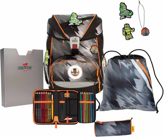 DerDieDas ErgoFlex Exklusiv LED Schulrucksack-Set 5-teilig mit Sportbeutel Cyber Dino in Schwarz und Multicolour - Bild 1