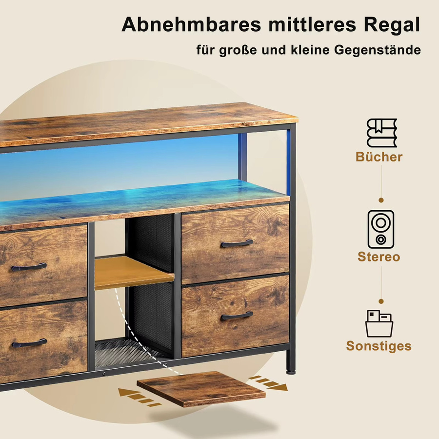 Anajqaqia TV-Schrank im Vintage-Design mit LED-Beleuchtung und 4 Stoffschubladen, Sideboard für Wohnzimmer und Eingangsbereich, B/T/H: 108 x 30 x 76,8 cm - Bild 4