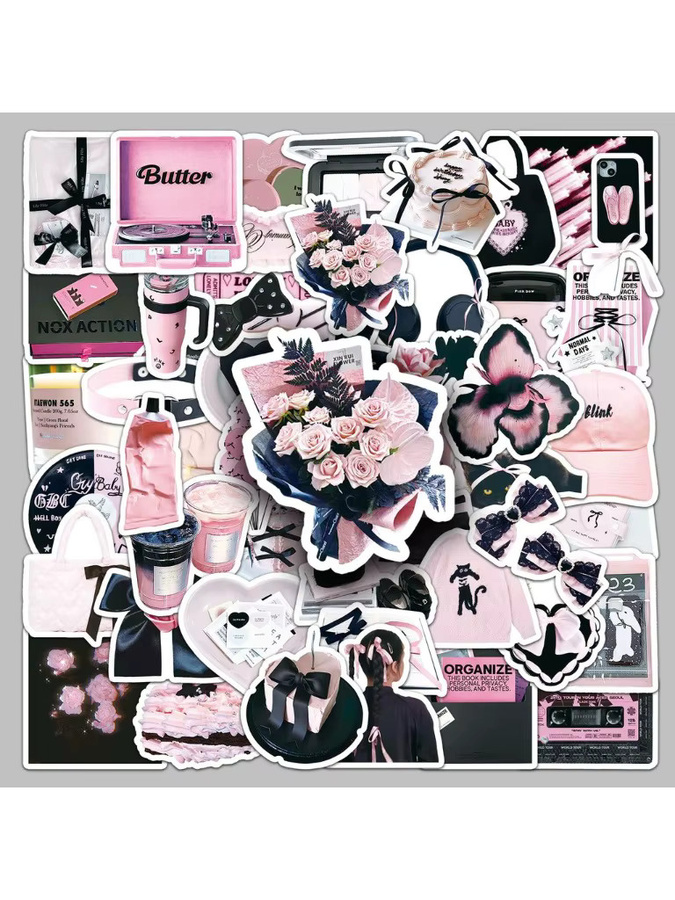52 Stück Aufkleber im INS-Stil von AnimeWorlds Store in Schwarz und Rosa zur Dekoration von Notizbüchern und Gepäck - Bild 6