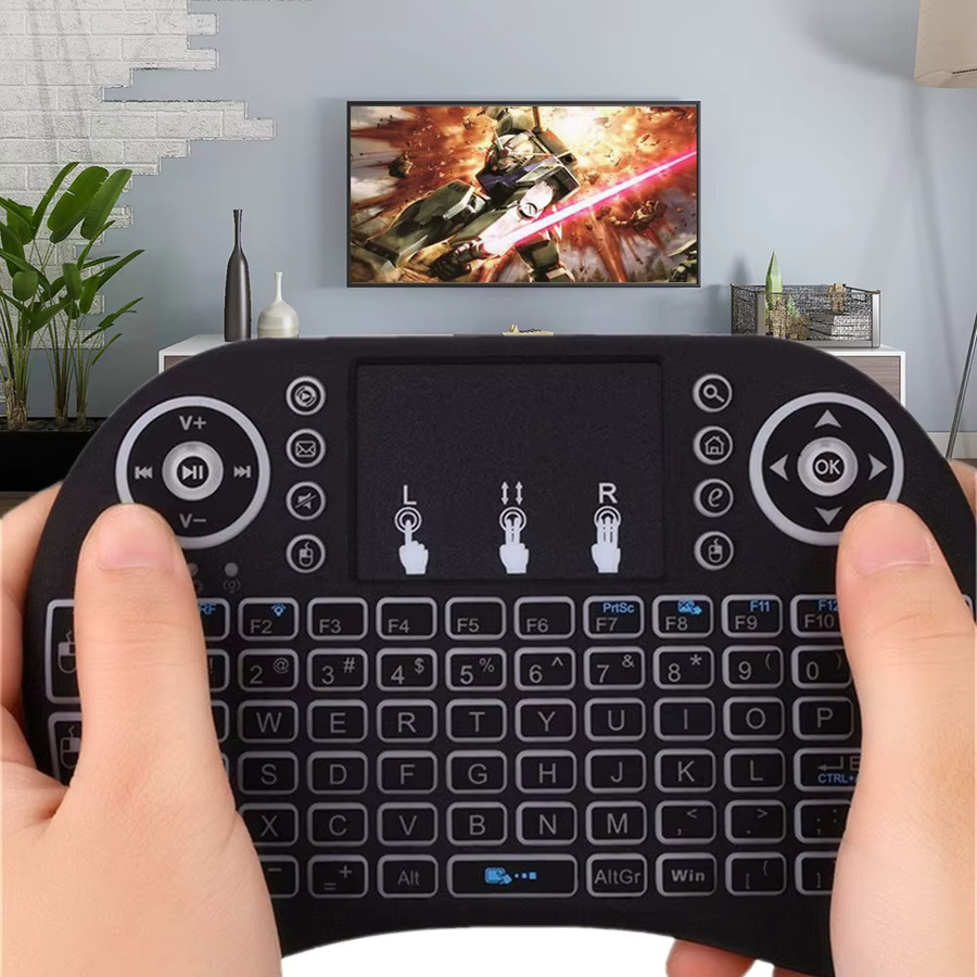Kebidumei I8 Mini-Tastatur mit Touchpad und Air Mouse, kabellos 2,4 GHz, 3-farbige Hintergrundbeleuchtung, Englisch/Russisch, Schwarz - Bild 2