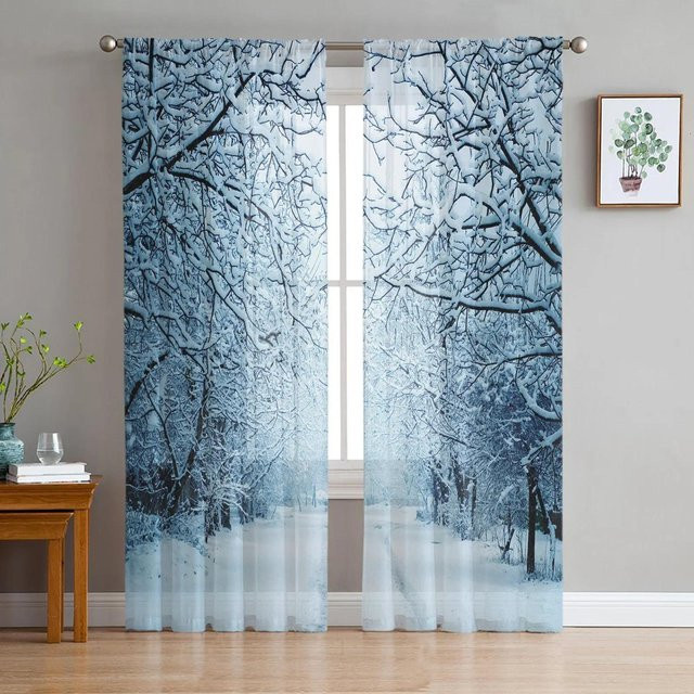 Yiran Furniture Winter Snowy Day Tüllvorhang mit Zweig-Motiv, Blau, Transparent, Breite: 135 cm, Höhe: 115 cm - Bild 1