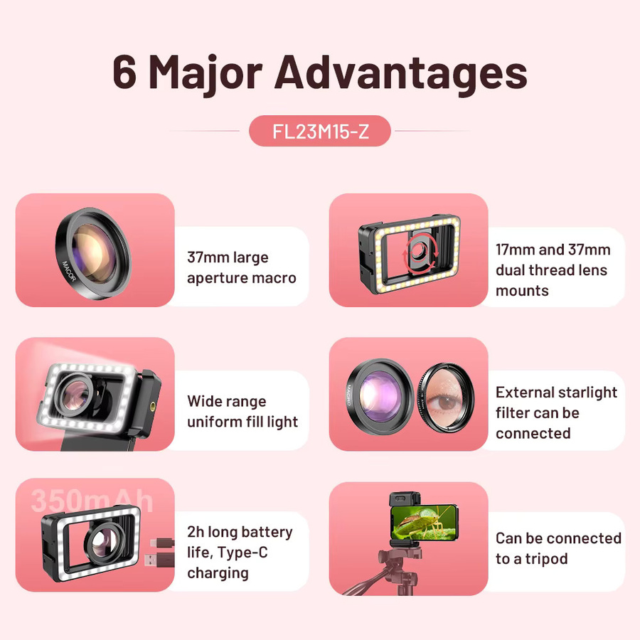 APEXEL HD 15x Super-Makro-Objektiv mit LED-Fülllicht in Schwarz für iPhone, Samsung und alle Smartphones - Bild 5