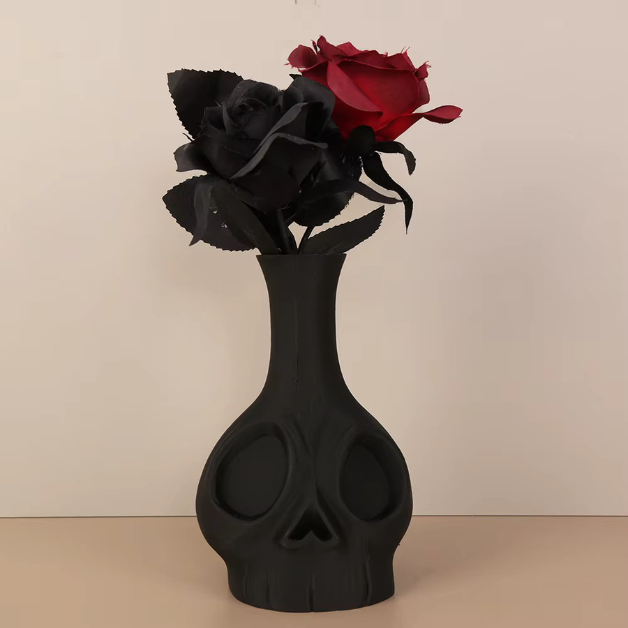 Dekorative Vase in Totenkopfform mit Retro-Liniendesign, Mattschwarz, Kunststoff - Bild 2