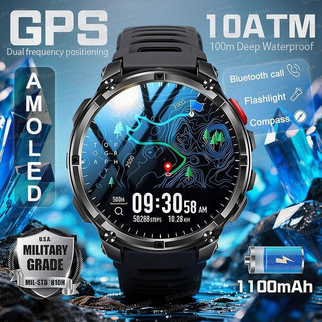 GUHUAVMI Militär-Smartwatch für Herren in Schwarz mit 1,7 Zoll AMOLED-Bildschirm, GPS, Kompass und 10ATM Wasserdichtigkeit sowie 1100mAh Akku - Bild 1