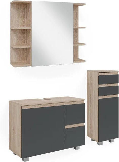 Vicco Badmöbelset J-Shape in Sonoma und Anthrazit, modernes 3-teiliges Badezimmer-Set mit Spiegelschrank, Waschtischunterschrank und Midischrank - Bild 2