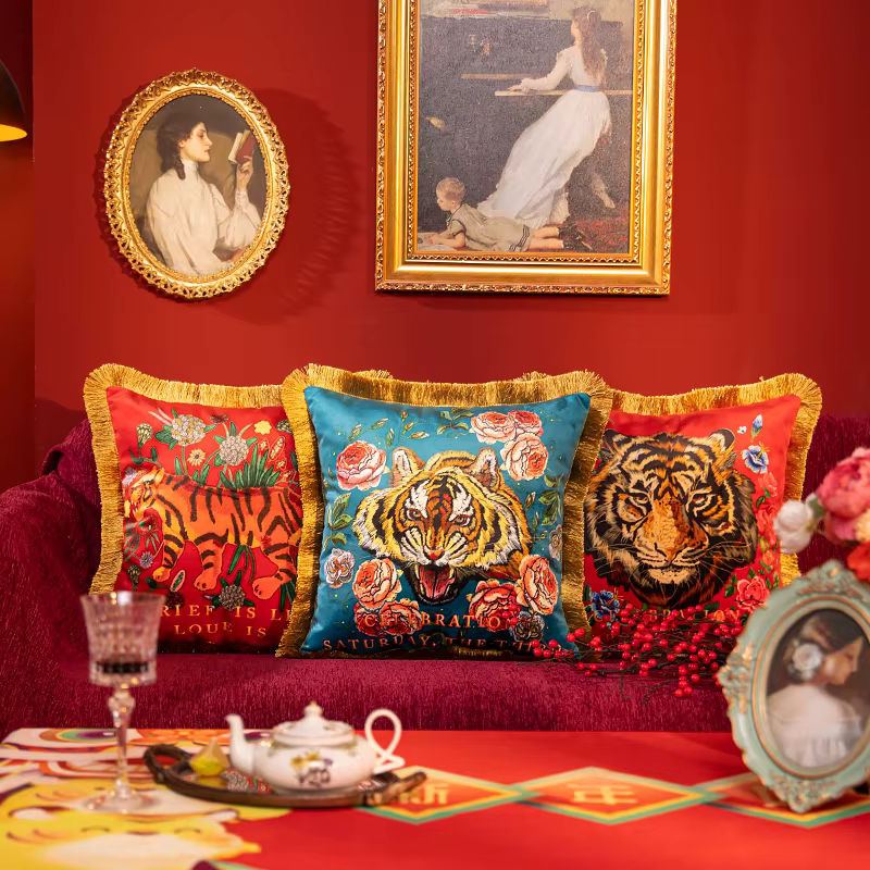 DUNXDECO Dekorative Kissenbezüge aus Samt mit Tiger- und Flora-Print im Dschungel-Stil, Mehrfarbig - Bild 2