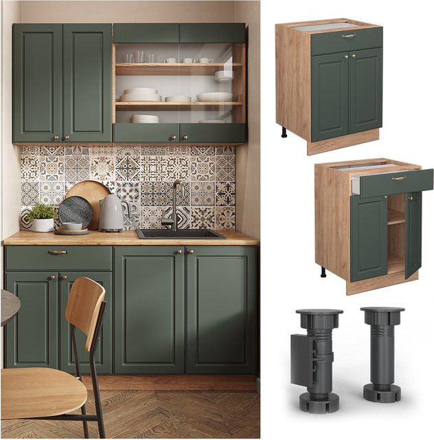 Vicco Küchenunterschrank Fame-Line Landhaus Eiche Grün-Gold mit Schublade und Drehtür Breite: 60 cm - Bild 1