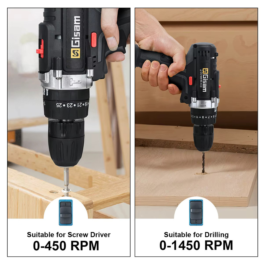 Gisam Kabelloser Elektrischer Schlagbohrschrauber mit 25+3 Drehmomentstufen und 2 Gängen, Multifunktionaler Bohrhammer in Schwarz, kompatibel mit Makita LXT 18V Akku - Bild 6