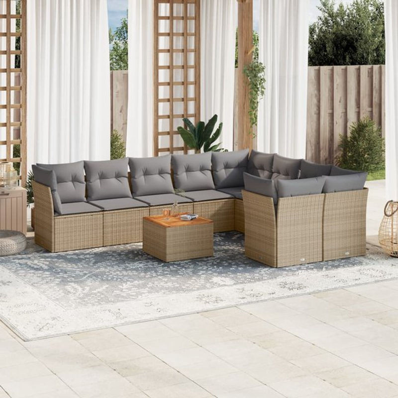 Vidaxl 10-teiliges Gartenmöbel-Set aus Rattan und Holz mit Kissen in Beige und Grau im modernen Design - Bild 1