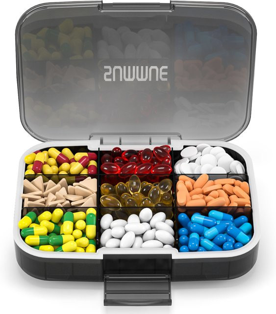 SUMMUE Pillen-Organizer in Schwarz mit 9 Fächern, tragbare XL-Reisepillendose und feuchtigkeitsbeständiger Pillenbehälterhalter - Bild 1