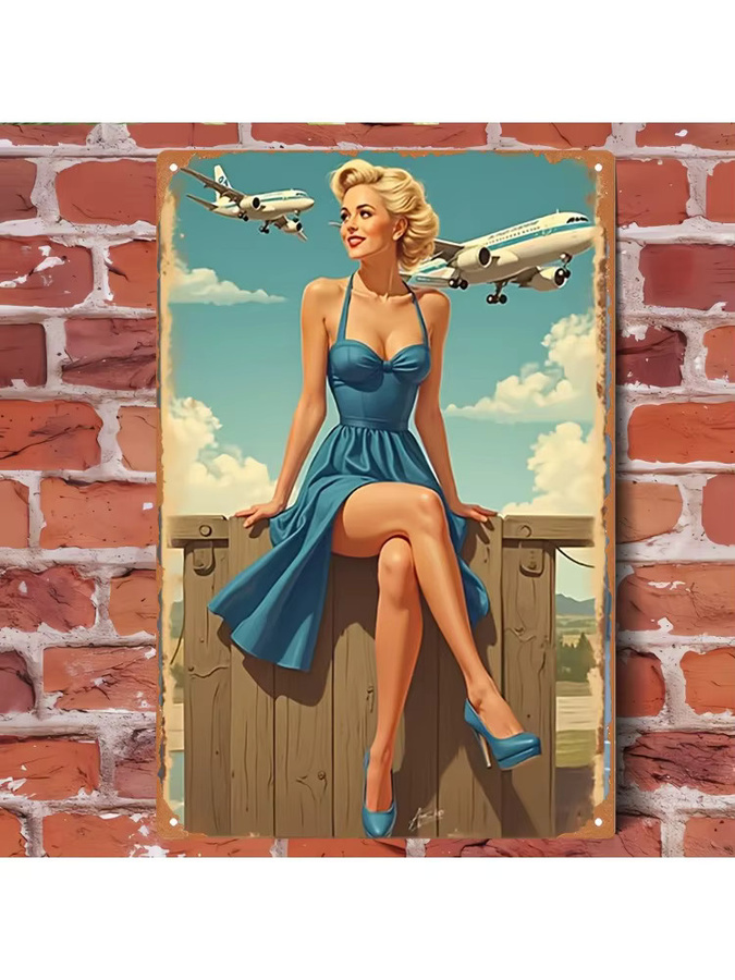 Vintage Metallschild CIFBUY mit Flugzeug und Pin-up Girl als Retro Wandkunst, Mehrfarbig, B: 30 cm, H: 20 cm - Bild 4