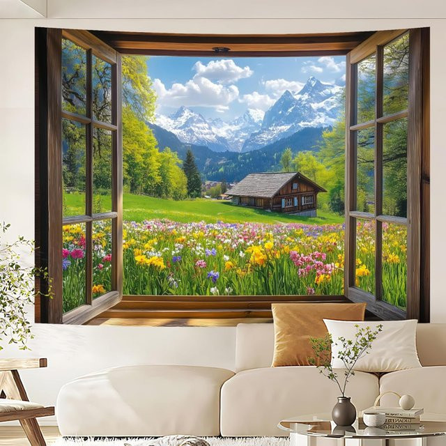 VIKAMA Wandteppich mit Natur-Landschaftsmotiv in Mehrfarbig, Rechteckiger Textil-Wandteppich für Wohnzimmer und Schlafzimmer - Bild 1