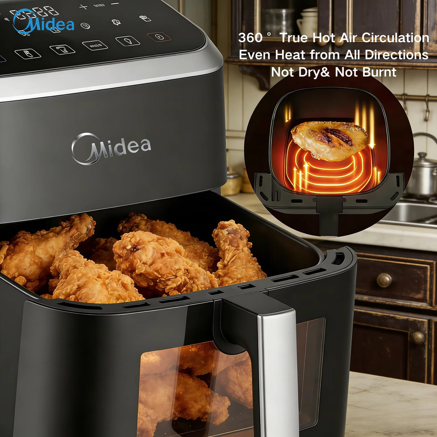 Midea Smart Heißluftfritteuse mit 5l Kapazität, Schwarz, App-Steuerung und Durchsichtfenster für fettarmes Kochen - Bild 2