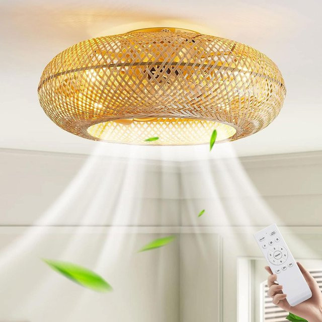 Yopyuenn Deckenventilator mit Beleuchtung und Fernbedienung im Retro-Design aus Bambus mit E27 Fassung für Wohnzimmer und Schlafzimmer - Bild 1