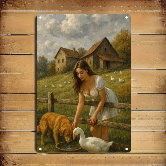 HELLOYOUNG Vintage-Wandschild aus Metall in Mehrfarbig mit Bauernhaus-Motiv, Mädchen und Hund, Rechteckiges Landhaus-Dekor aus Eisen, B/H: 30 x 20 cm - Bild 1