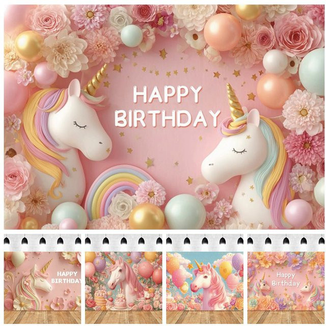 Yeele Einhorn Geburtstag Party Hintergrund Banner mit rosa Blumen und Luftballons für Kinder Fotografie Studio Requisiten - Bild 1