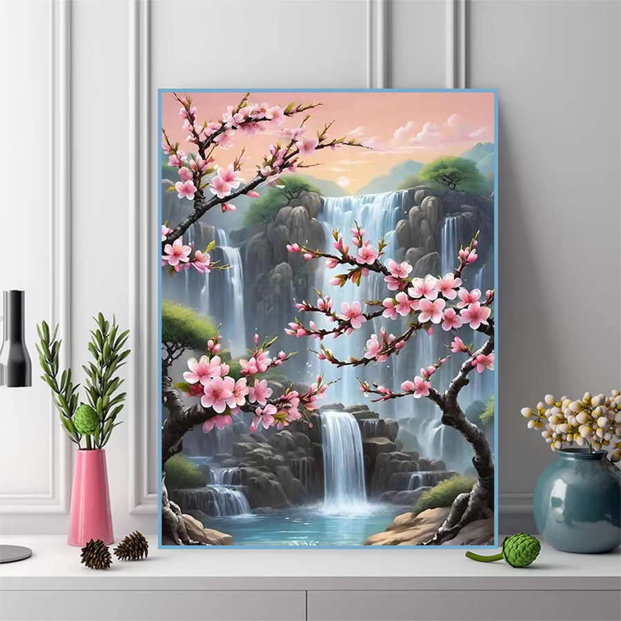 Momoart Diamantmalerei Wasserfall-Landschaft mit Kirschblüten als Mosaik-Strass-Bild in Mehrfarbig, B/H: 30 x 20 cm - Bild 3