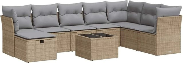 vidaXL 9-tlg. Garten-Sofagarnitur in L-Form aus Poly-Rattan mit Kissen in Beige - Bild 1
