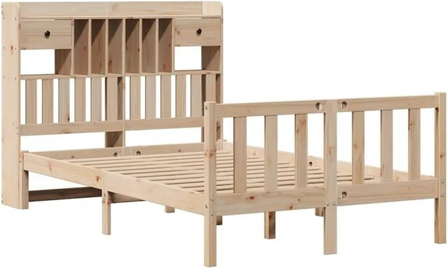vidaXL Massivholzbett aus Kiefernholz mit Kopfteil und Regal in Braun, B/T/H: 135 x 190 x 110 cm - Bild 1