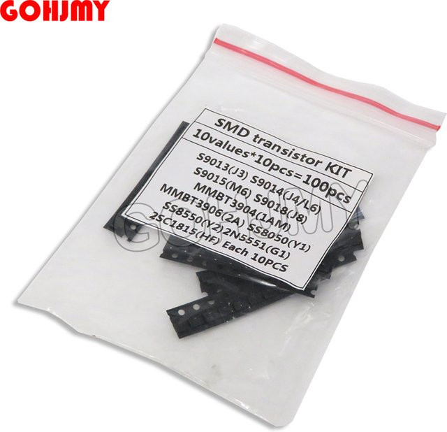 GOHJMY SOT-23 SMD Transistor Kit in Schwarz mit 10 Typen und 100 Stück (S9013, S9014, S9015, S9018, MMBT3904, MMBT3906, SS8050, SS8550, 2N5551, 2SC1815) - Bild 1