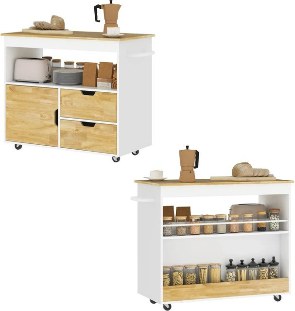HOMCOM Küchenwagen aus Spanplatte und Kautschukholz in Eiche und Weiß mit Schubladen und Soft-Close-Türen, B/T/H: 50 x 107 x 85 cm - Bild 1