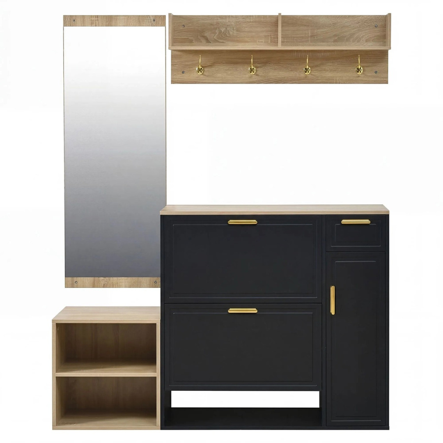Merax Garderoben Set modern in Schwarz mit Schuhschrank und Spiegel, B/T/H: 139,5 x 35 x 166 cm - Bild 2