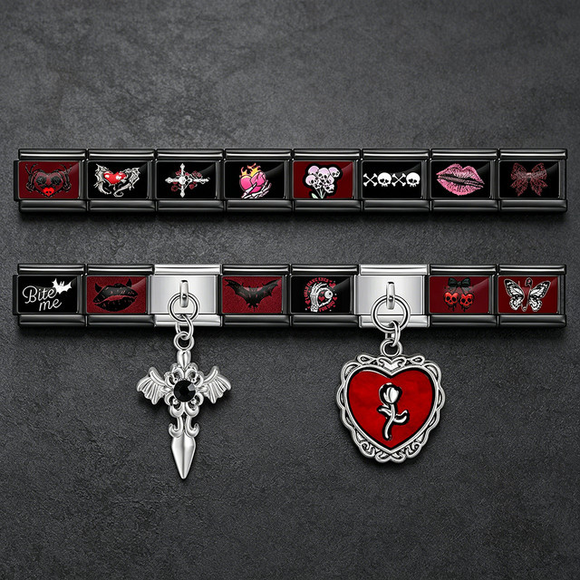 Semkeiyee Charm-Glieder Totenkopf Fledermaus Kreuz, Edelstahl, 9mm, Unisex - Bild 1