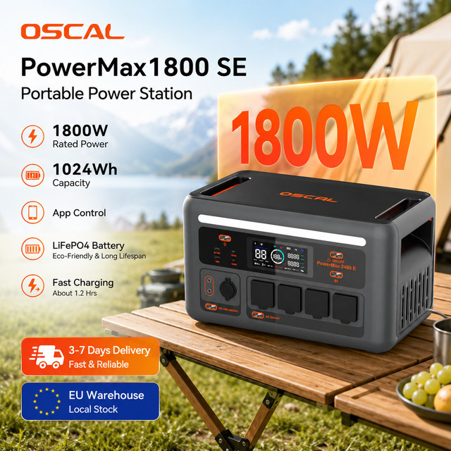 Tragbare Powerstation OSCAL PowerMax1800SE in Schwarz mit 1024Wh Kapazität, 1800W Dauerleistung und 2400W Spitzenleistung, LiFePO4 Solargenerator mit USV-Funktion und APP-Steuerung - Bild 1