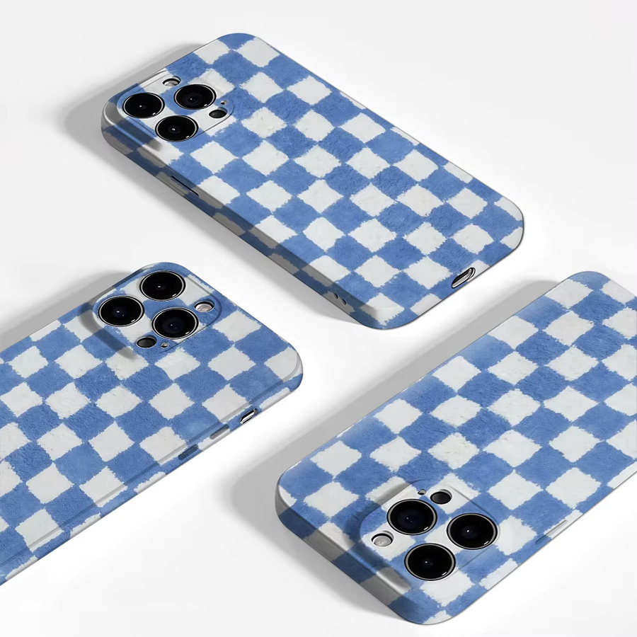 Potdemiel Plüsch-Handyhülle im Schachbrett-Design für iPhone 17 16 15 14 Pro Max Plus, Blau-Weiß, magnetisch mit Einzel- und Doppelschicht-Schutz - Bild 3