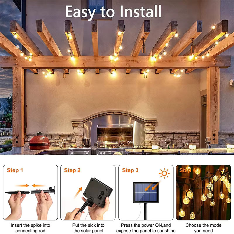 Solar-Lichterkette mit transparenten Kristallkugeln in Warmweiß für Garten und Terrasse, wasserdicht und solarbetrieben - Bild 4