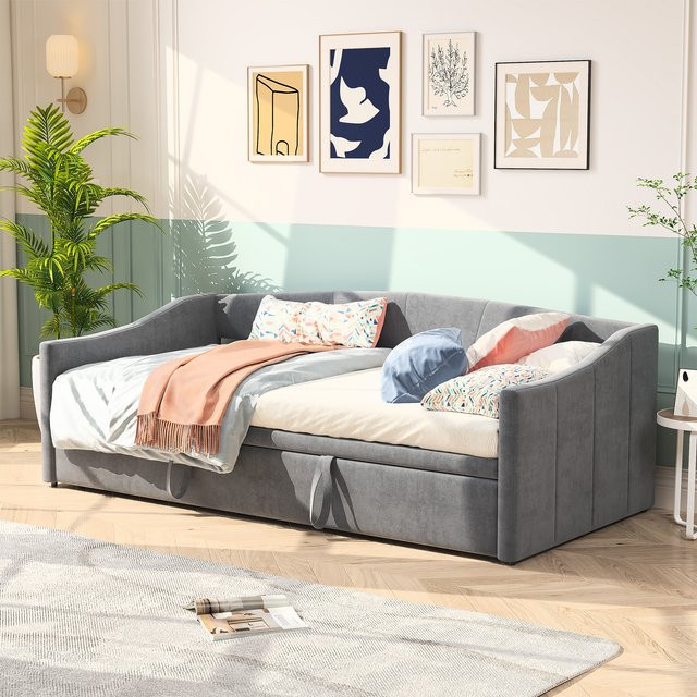 Anajqaqia Ausziehbares Schlafsofa als Doppelbett mit Samt-Polsterung in Grau, B/T/H: 90 x 200 cm - Bild 1