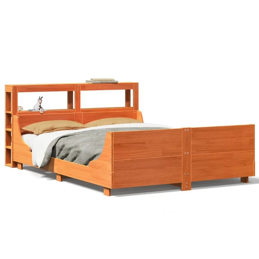 vidaXL Massivholzbett aus Kiefernholz in Braun mit integrierten Seitenfächern und Nachttischregal, B/T/H: 120 x 200 cm, rustikaler Stil, ohne Matratze - Bild 2