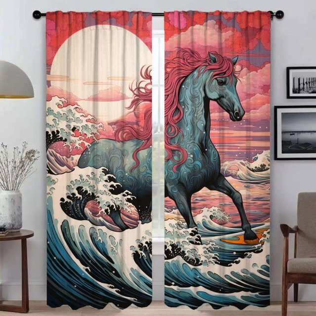 Pferde Verdunkelungsvorhänge für Wohnzimmer und Schlafzimmer, 2er-Set halbtransparente Tüllvorhänge mit Tiermotiv, Breite: 50 cm, Höhe: 70 cm - Bild 1