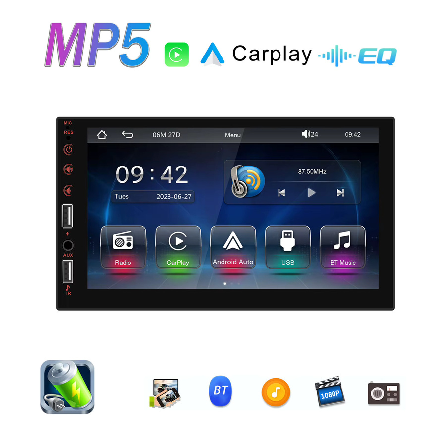Podofo 1Din 7 Zoll Auto-Multimediaplayer mit kabellosem Carplay, Android Auto, Mirror Link und Bluetooth in Schwarz - Bild 2