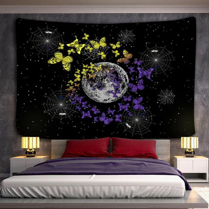Super Six Wandbehang im Bohemian Stil mit Mond, Sternen und Schmetterlingen, Schwarz, B: 95 cm, H: 70 cm - Bild 1