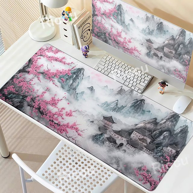 Riccu XXL Mauspad mit Kirschblüten-Landschaft im Ink-Painting-Stil, Schwarz-Pink-Multicolor - Bild 1