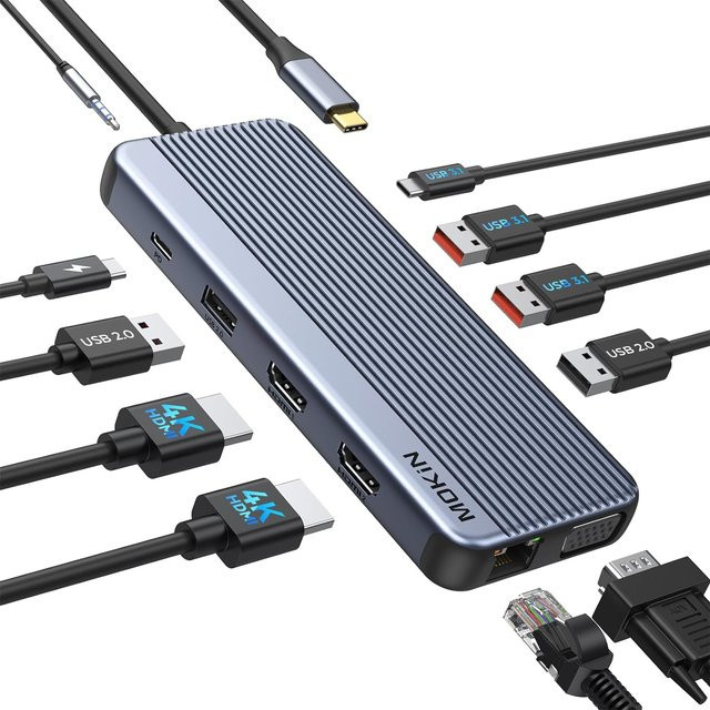 MOKiN USB-C Dockingstation Dreifach-Display-Adapter mit 4K HDMI, VGA, RJ45 Ethernet und 100W PD-Ladefunktion in Grau - Bild 1