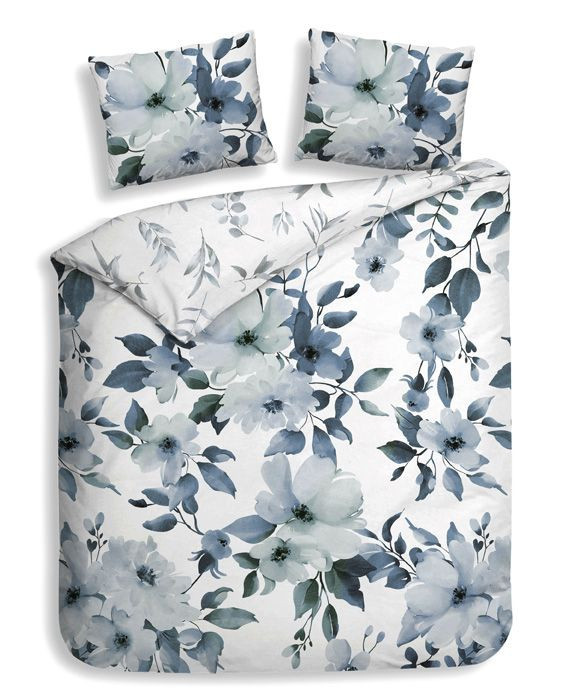Heckett & Lane Mako-Satin Bettwäsche Kristoffer Blue mit floralem Blumenmuster in Blau und Weiß, B/H: 155 x 220 cm und 80 x 80 cm - Bild 1